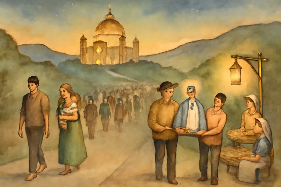 Ilustración en estilo acuarela de peregrinos que caminan de noche por una carretera hacia una gran basílica de cúpula iluminada