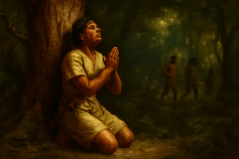 Ilustración en estilo óleo de un joven guaraní escondido detrás de un gran árbol en el monte, rezando con las manos juntas mientras pasan a lo lejos sus perseguidores