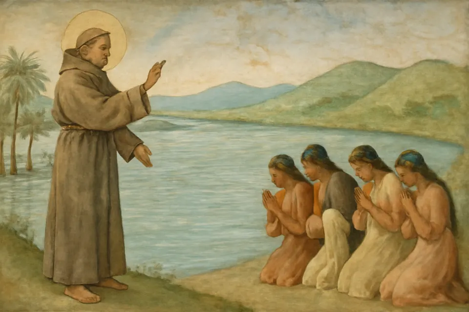 Ilustración en estilo fresco de un fraile franciscano que bendice las aguas desbordadas de un lago mientras los indígenas ven flotar un pequeño estuche de cuero