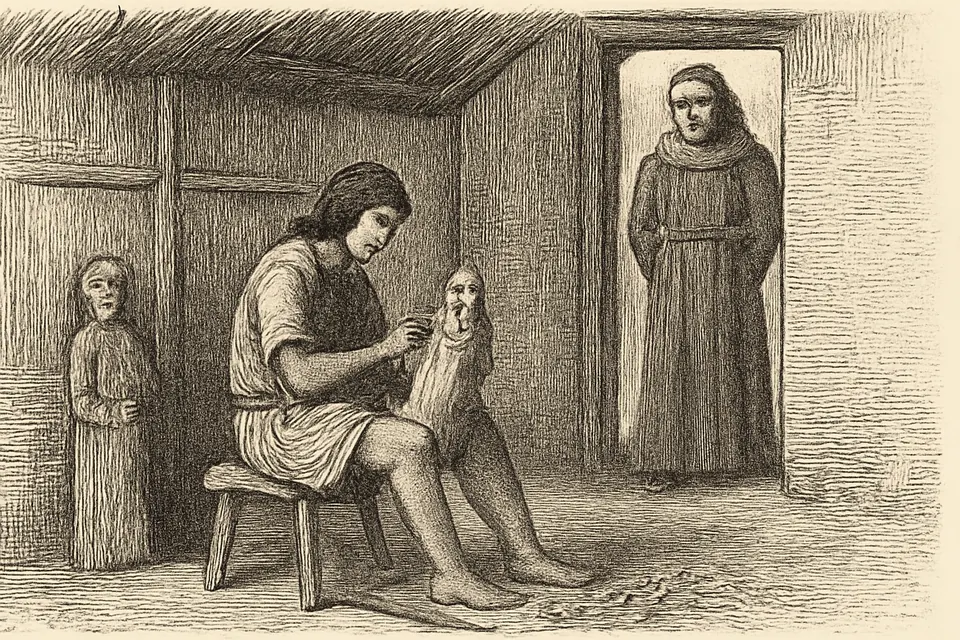 Ilustración en estilo grabado de un artesano guaraní que talla con cuidado una pequeña imagen de la Virgen en un trozo de tronco