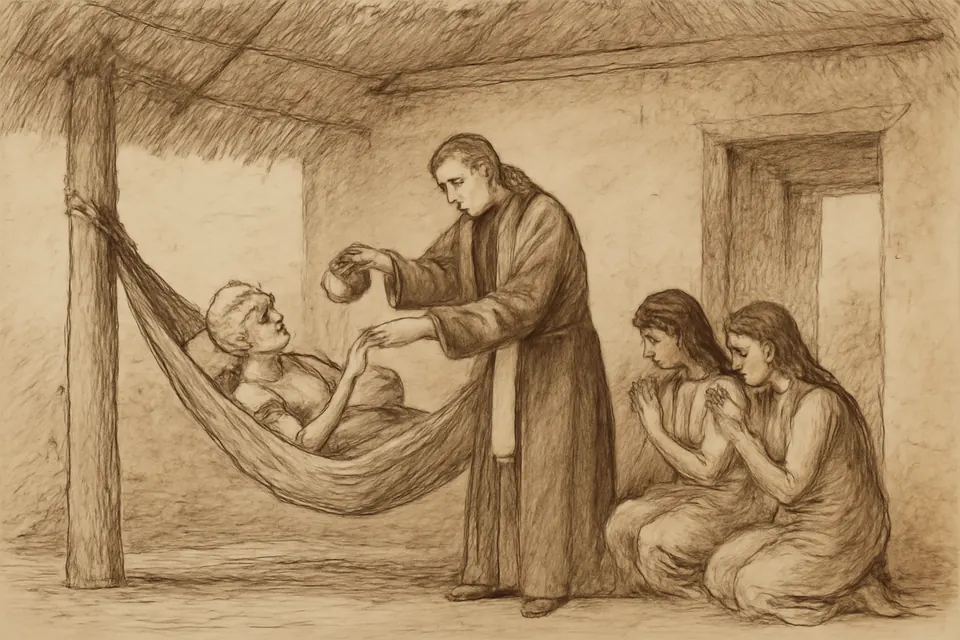 Ilustración en estilo tinta de un sacerdote que bautiza a un indígena enfermo, tendido en una hamaca, en una casa sencilla de Guanare
