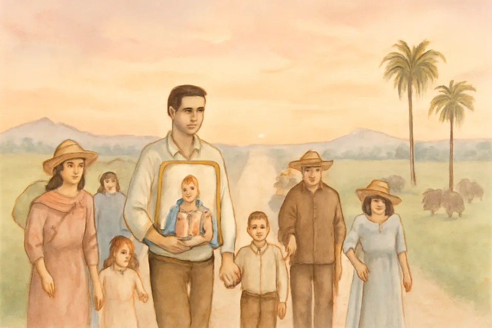 Ilustración en estilo acuarela de familias de peregrinos que caminan por una carretera de los llanos al amanecer, con una pequeña imagen de la Virgen en andas