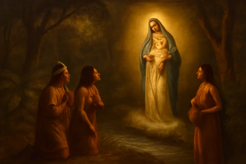 Ilustración en estilo óleo de una Señora luminosa con un niño en brazos sobre las aguas de una quebrada, ante un cacique indígena, su esposa y una joven que la miran asombrados