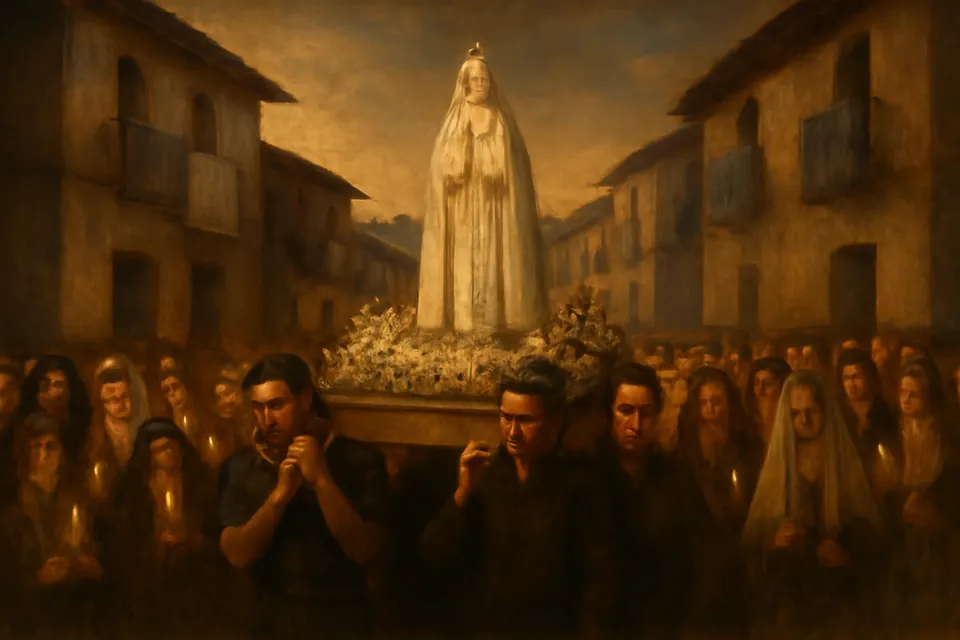Ilustración al estilo de pintura al óleo de una procesión que lleva en andas una imagen blanca de la Virgen de Fátima por la calle de un pueblo, entre flores y feligreses que rezan