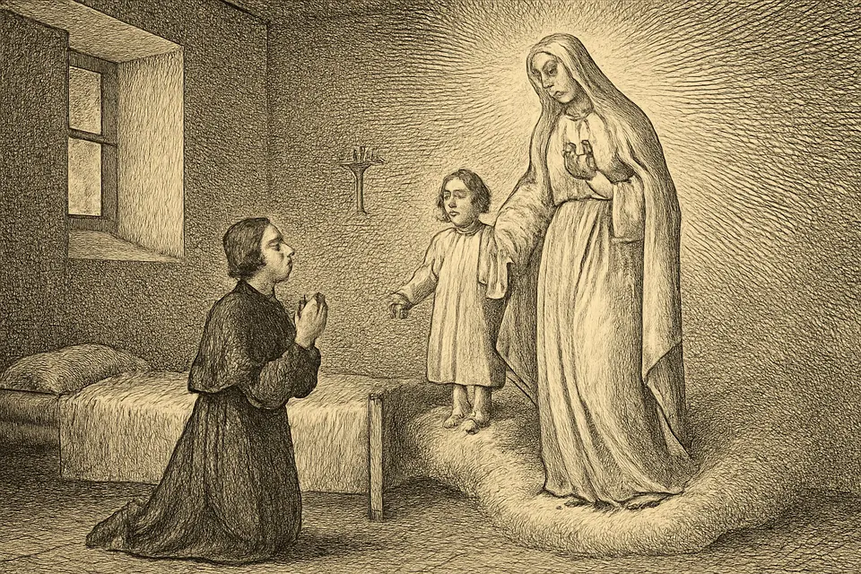 Ilustración al estilo de grabado de una joven postulante arrodillada en una celda sencilla, ante la Virgen y el Niño Jesús de pie sobre una nube luminosa