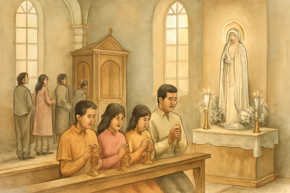 Ilustración en acuarela de una familia que reza el rosario en la banca de una parroquia un sábado por la mañana, mientras otros fieles esperan para confesarse
