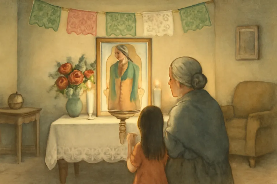 Ilustración en acuarela de un altar familiar con una estampa de la Virgen de Guadalupe, veladoras encendidas, rosas rojas y papel picado verde, blanco y rojo