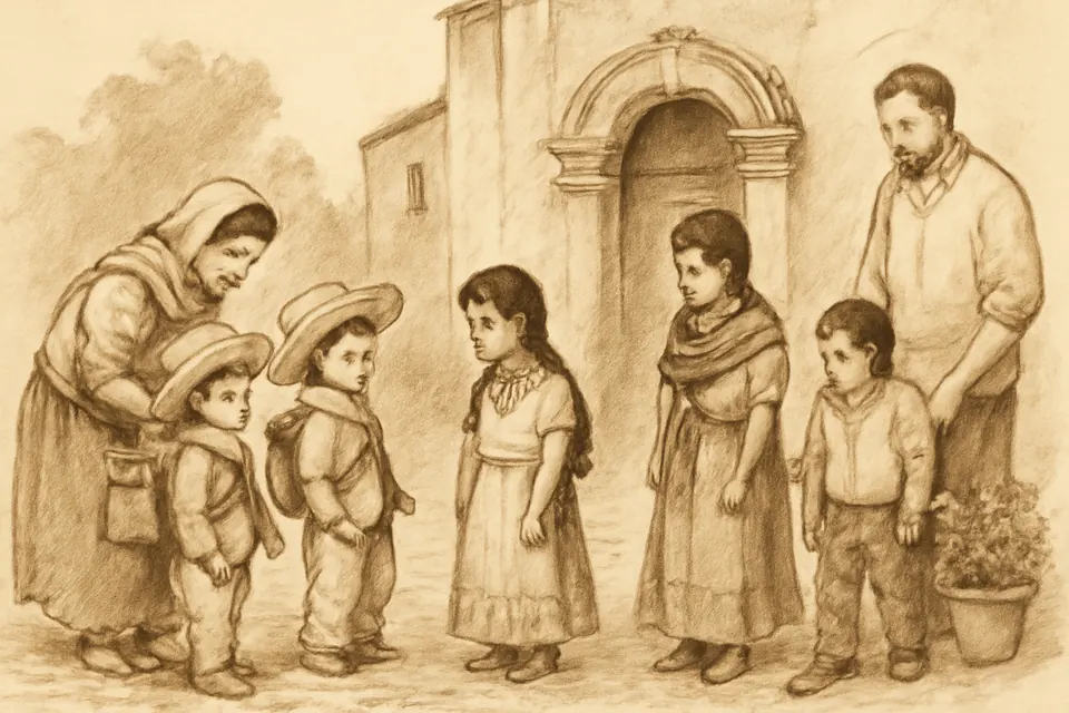 Ilustración en tinta y aguada sepia de niños vestidos de Juan Diego, con tilma, bigote pintado y huacal a la espalda, y niñas con trenzas y rebozo, en el atrio de una iglesia