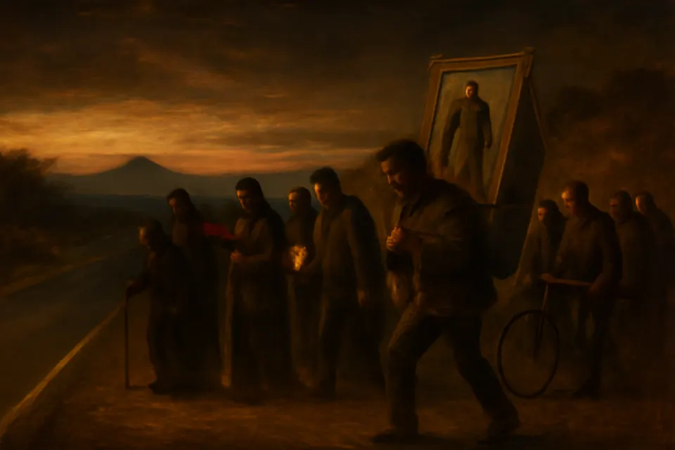 Ilustración al estilo de pintura al óleo de peregrinos que caminan de madrugada por la orilla de una carretera, uno de ellos con un cuadro de la Virgen de Guadalupe atado a la espalda
