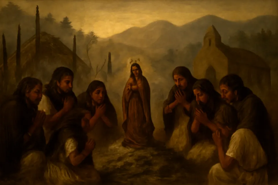 Ilustración en estilo óleo de campesinos indígenas que encuentran la pequeña imagen de la Virgen intacta sobre las cenizas de su capilla incendiada