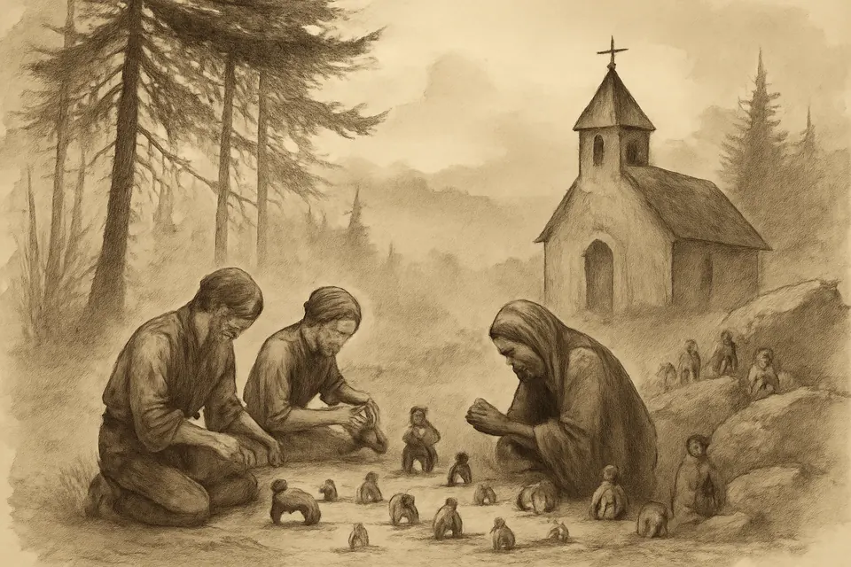 Ilustración en estilo de dibujo a tinta de peregrinos que modelan en barro pequeñas casas y animales junto a una capilla en un cerro con neblina