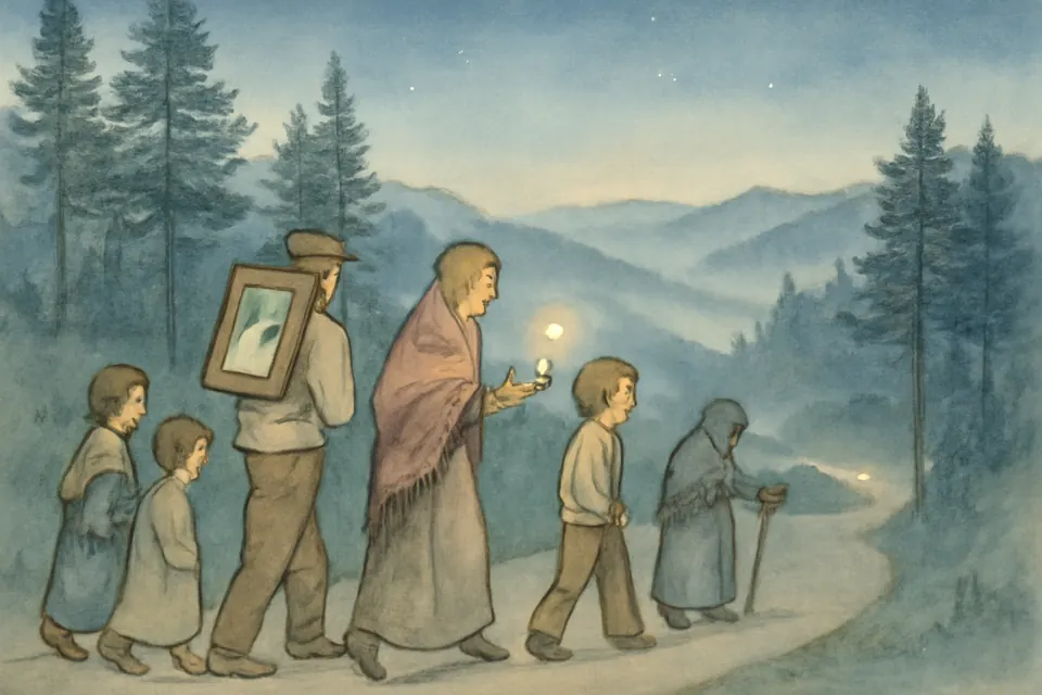 Ilustración en estilo acuarela de una familia de peregrinos que camina de noche por la carretera de la sierra con una pequeña imagen de la Virgen y veladoras