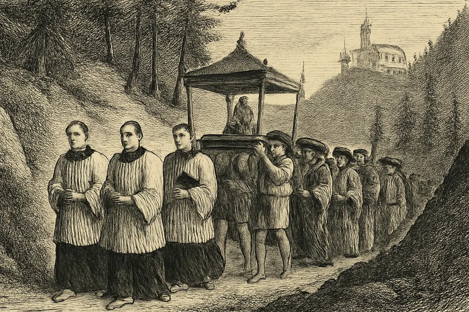 Ilustración en estilo grabado de una procesión por un camino de montaña, con un sacerdote descalzo que lleva una pequeña imagen de la Virgen bajo palio