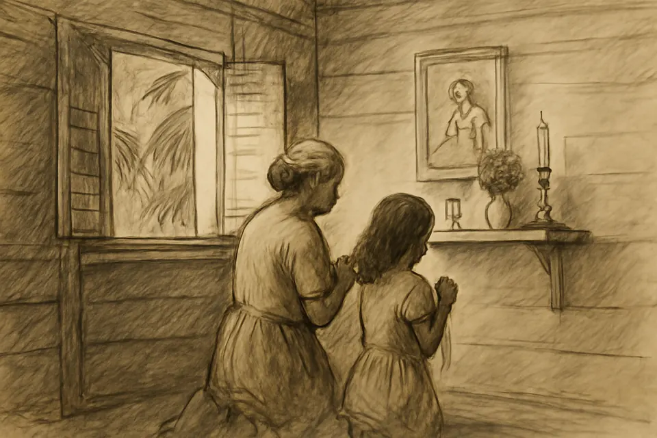 Ilustración en estilo de dibujo a tinta de una abuela y su nieta que rezan el rosario ante un pequeño cuadro de la Virgen con el Niño en el pesebre, en un altar casero