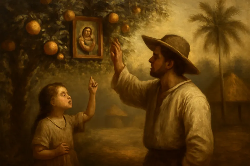 Ilustración en estilo óleo de una niña campesina y su padre que encuentran un pequeño cuadro de la Virgen entre las ramas de un naranjo, al amanecer