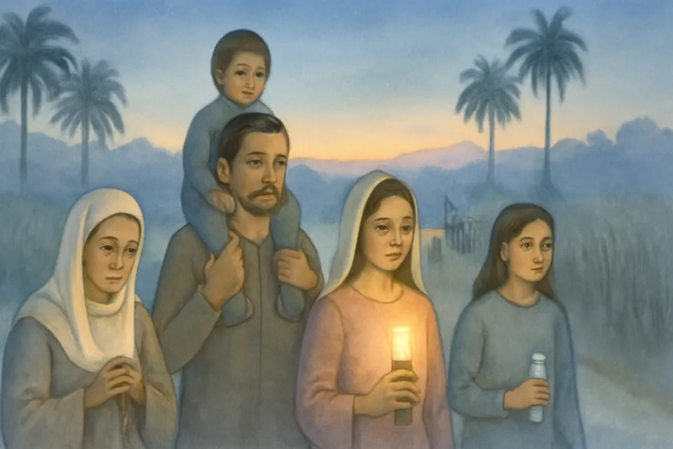 Ilustración en estilo acuarela de una familia de peregrinos que camina de madrugada por una carretera rural del Caribe, con palmeras y velas encendidas