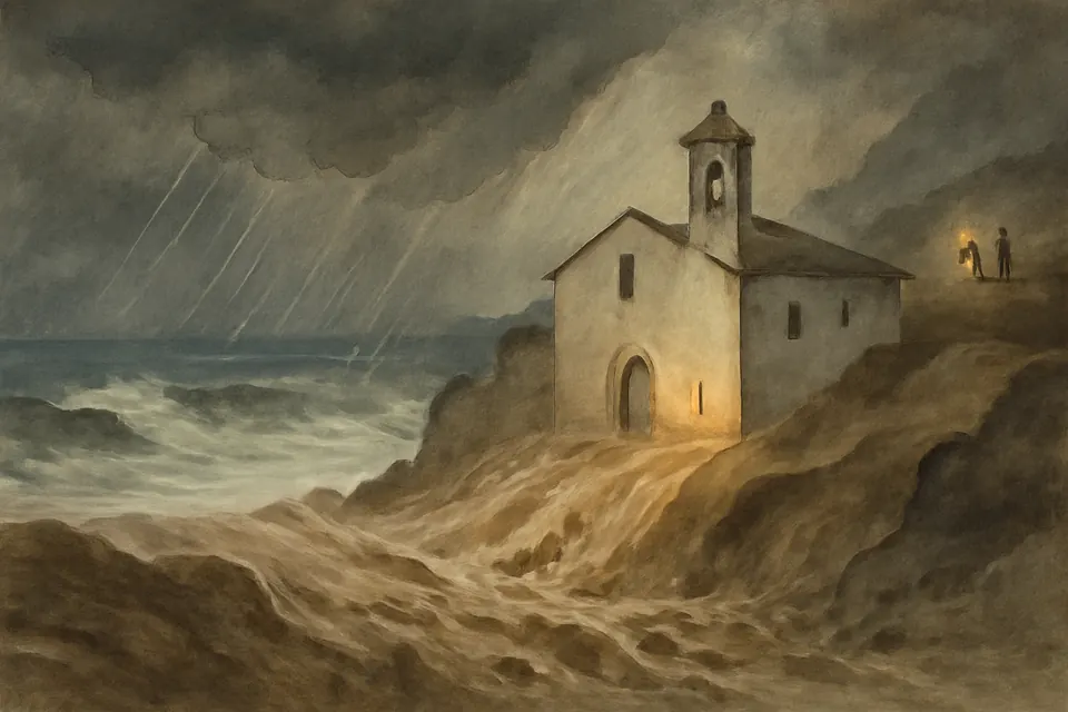 Ilustración en estilo acuarela de una noche de tormenta en que un torrente de agua y lodo baja por un barranco hasta el mar junto a un antiguo convento con campanario