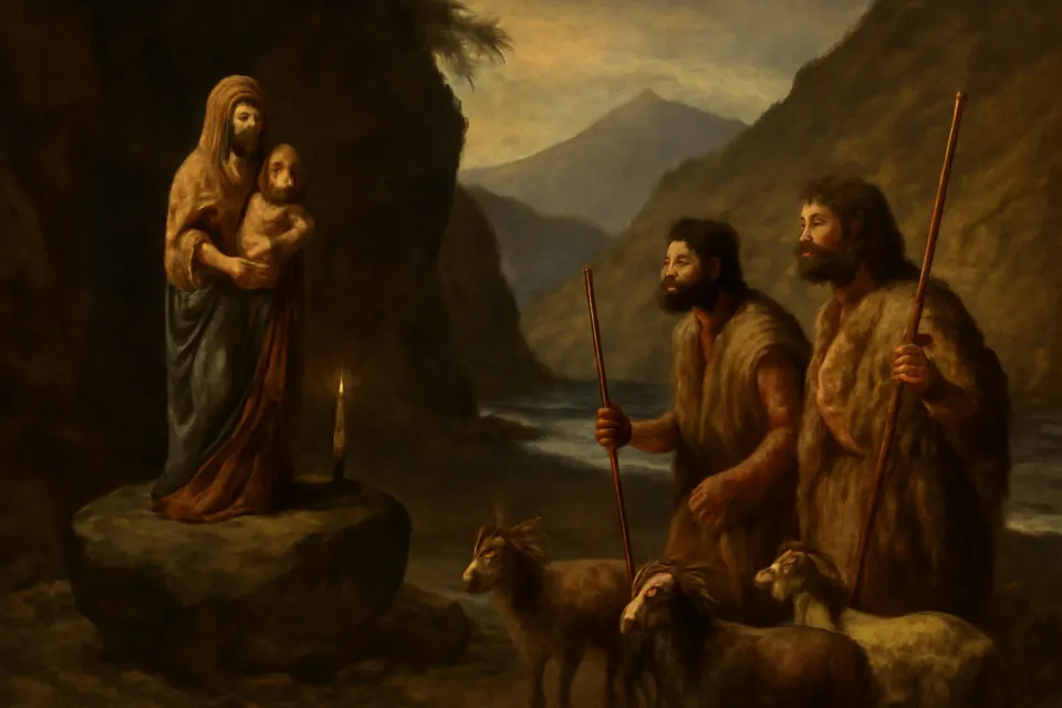 Ilustración en estilo óleo de dos pastores guanches vestidos con pieles que, junto a una playa de arena negra, encuentran sobre una roca una imagen de la Virgen con el Niño y una vela