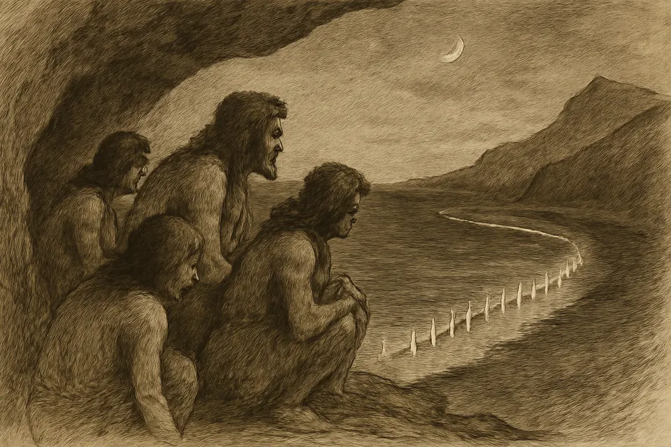 Ilustración en estilo de dibujo a tinta de unos guanches que, desde la boca de una cueva, contemplan de noche una larga fila de luces que avanza por la orilla del mar