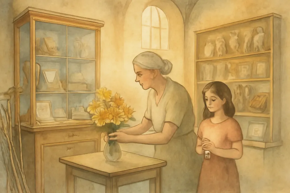Ilustración en estilo acuarela de peregrinos que dejan muletas, flores amarillas, cartas y medallas en una capilla de ofrendas del santuario de El Cobre