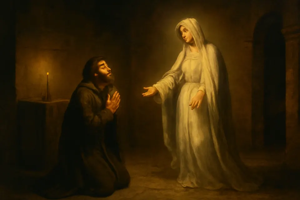 Ilustración en estilo óleo de un hombre en oración en una capilla de piedra, de noche, al que se le aparece la Virgen vestida de blanco entre una luz suave
