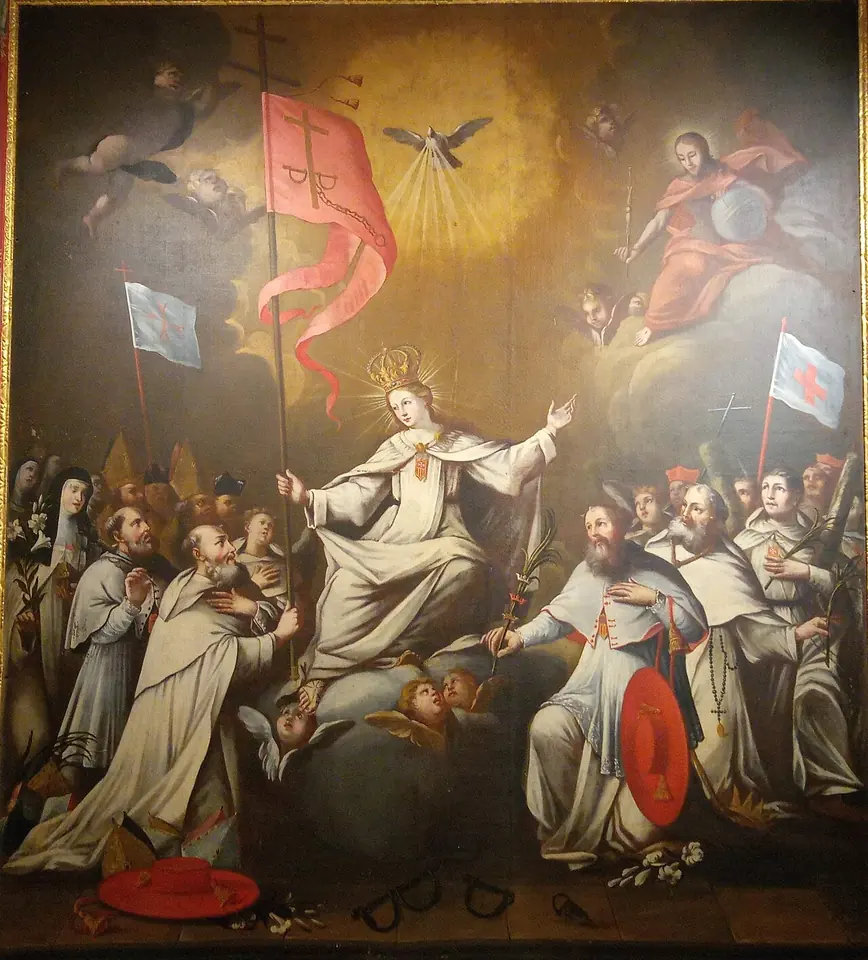 Pintura barroca de la Virgen de la Merced coronada, con hábito blanco y el escudo de la orden en el pecho, sentada sobre una nube entre frailes y santos mercedarios con estandartes, mientras unos grilletes abiertos yacen en el suelo