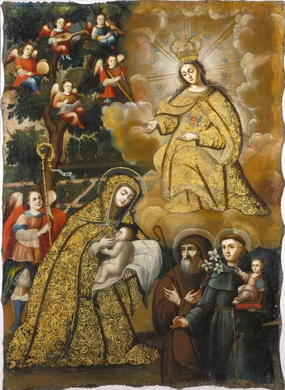 Pintura virreinal peruana con brocados dorados en la que la Virgen de la Merced, coronada y con manto de oro, aparece entre nubes sobre una santa que amamanta a un niño, un arcángel y dos frailes santos