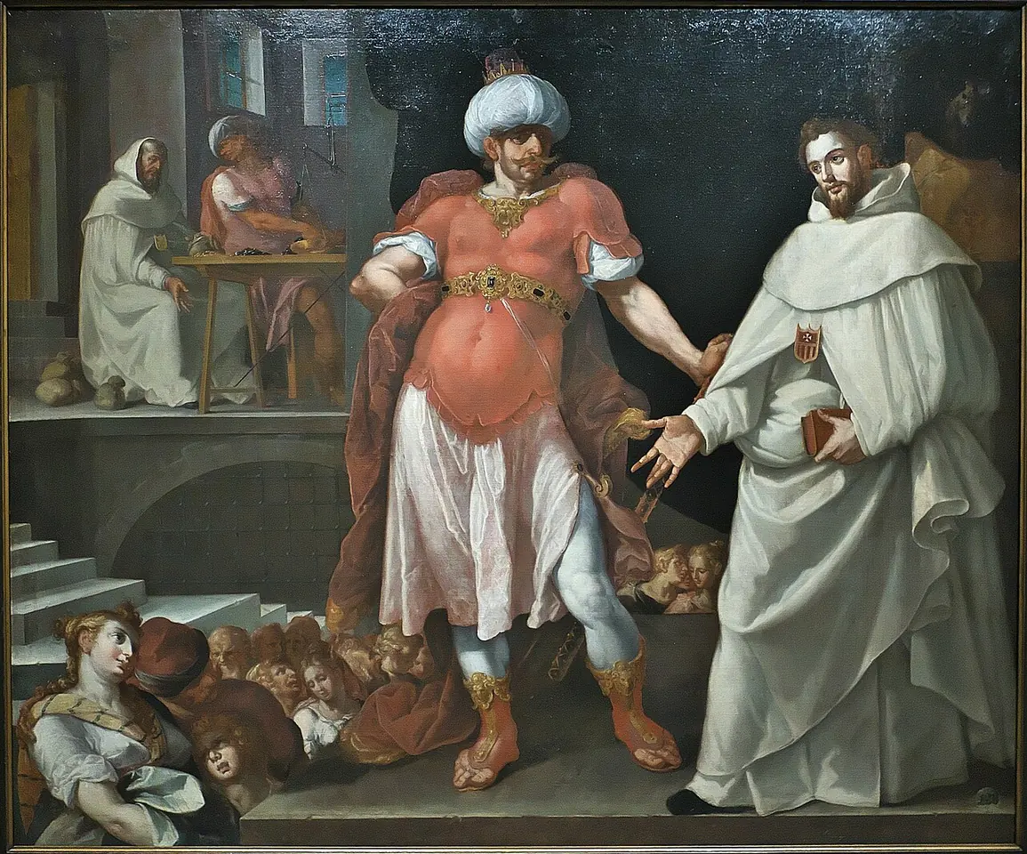 Pintura de un fraile barbado de hábito blanco que entrega una bolsa a un hombre con turbante y túnica roja, mientras unos cautivos arrodillados se agolpan en la escalinata