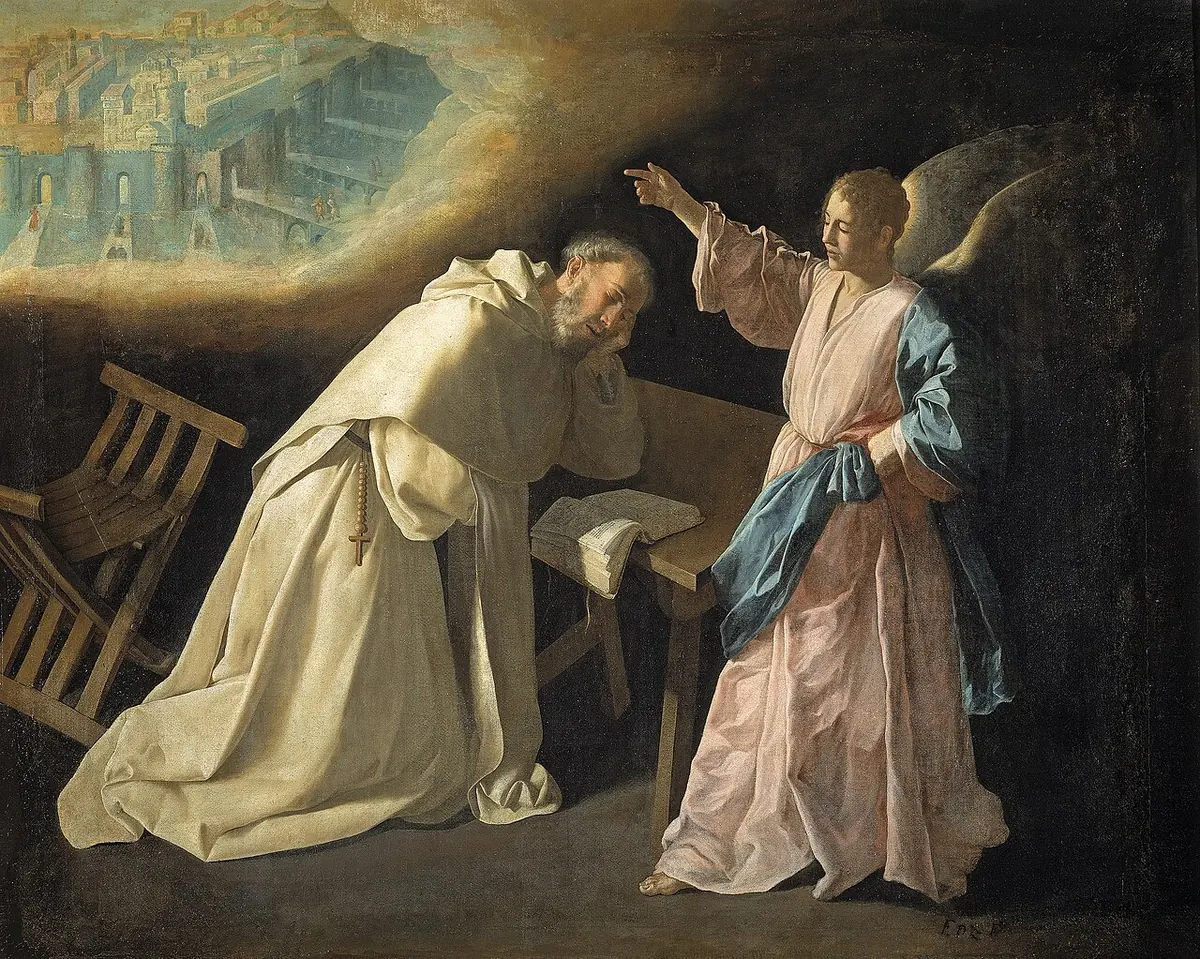 Pintura barroca de un fraile de hábito blanco dormido, con la cabeza apoyada en la mano, mientras un ángel le señala una ciudad amurallada que brilla entre las nubes