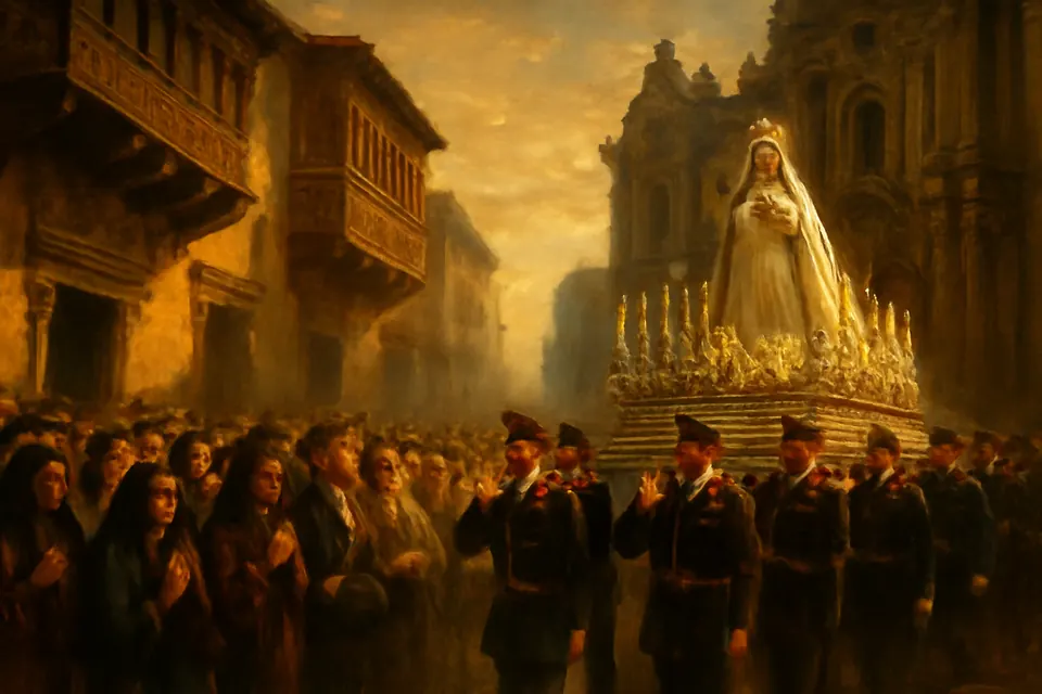 Ilustración en estilo óleo de una procesión por una calle colonial de Lima en la que unos soldados llevan en andas una imagen de la Virgen vestida de blanco y coronada