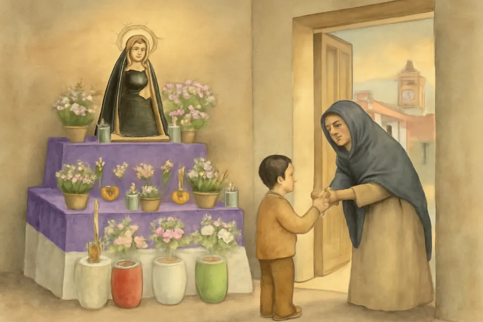 Ilustración en estilo acuarela de un altar de Dolores en una casa mexicana, con la imagen de la Dolorosa, trigo germinado, naranjas, flores moradas, velas y jarras de agua fresca de colores