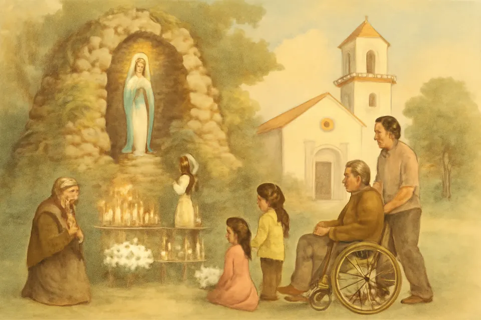 Ilustración en estilo acuarela de una gruta de Lourdes en el patio de una parroquia latinoamericana, con una imagen blanca de la Virgen en el nicho, velas encendidas y familias que rezan el 11 de febrero
