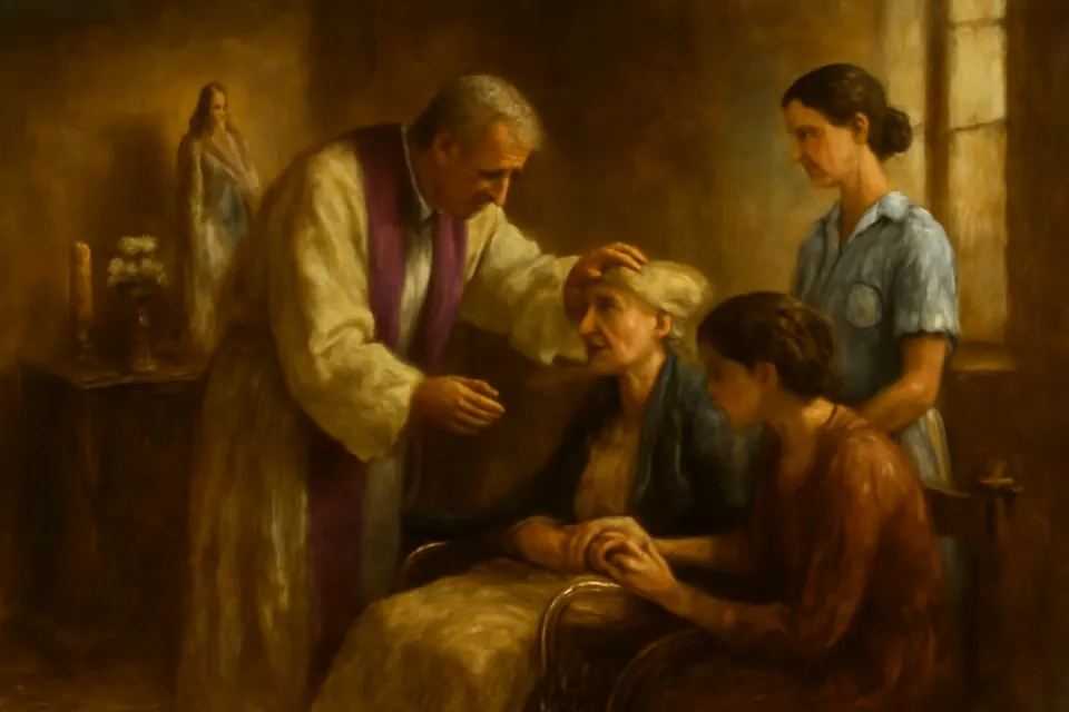 Ilustración en estilo óleo de un sacerdote que unge la frente de una anciana enferma en la capilla de un hospital, ante una imagen de la Virgen de Lourdes, mientras una enfermera y su hija rezan