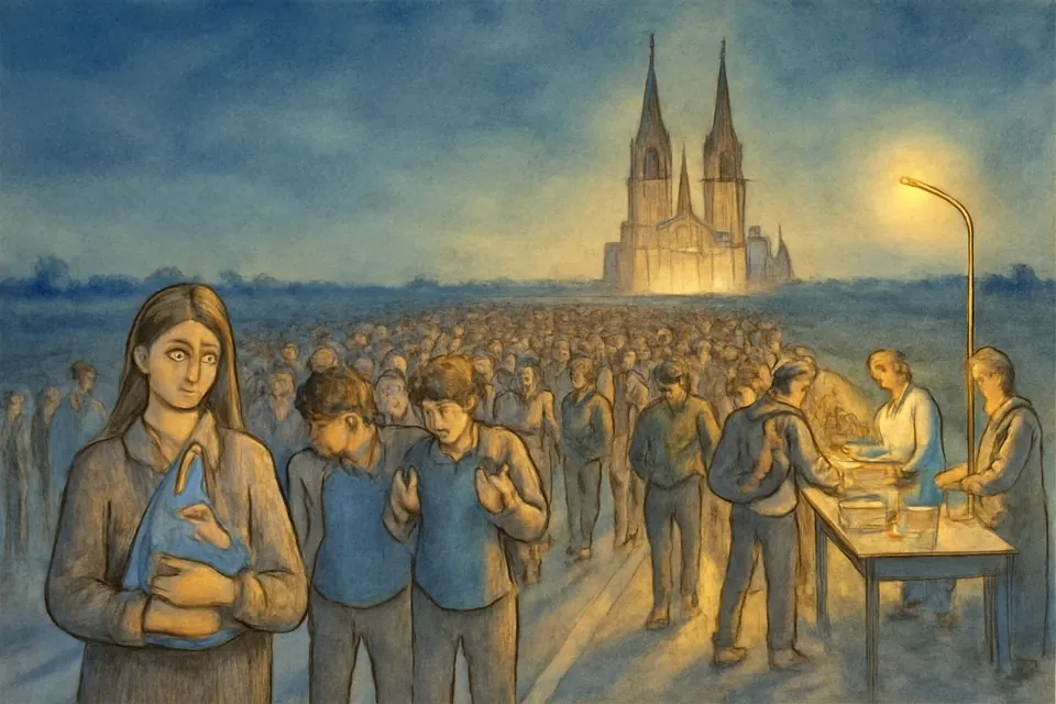 Ilustración en estilo acuarela de jóvenes peregrinos que caminan de noche por una ruta hacia las torres iluminadas de una gran basílica gótica