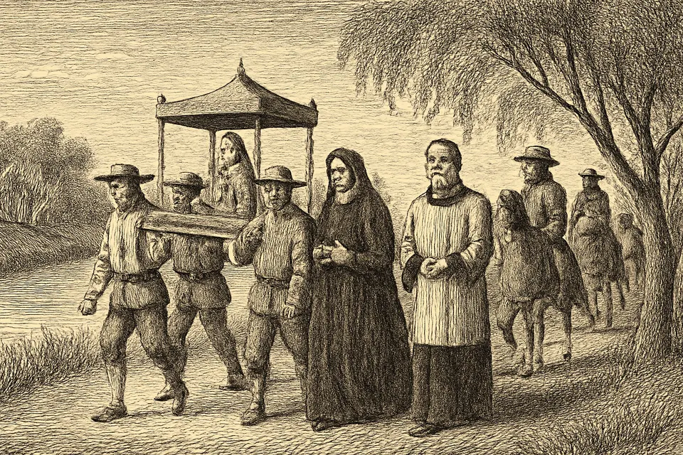 Ilustración en estilo grabado de una pequeña procesión de campo que lleva a pie la imagen de la Virgen por la orilla de un río, con una señora de mantilla, un sacerdote y un hombre africano junto a las andas