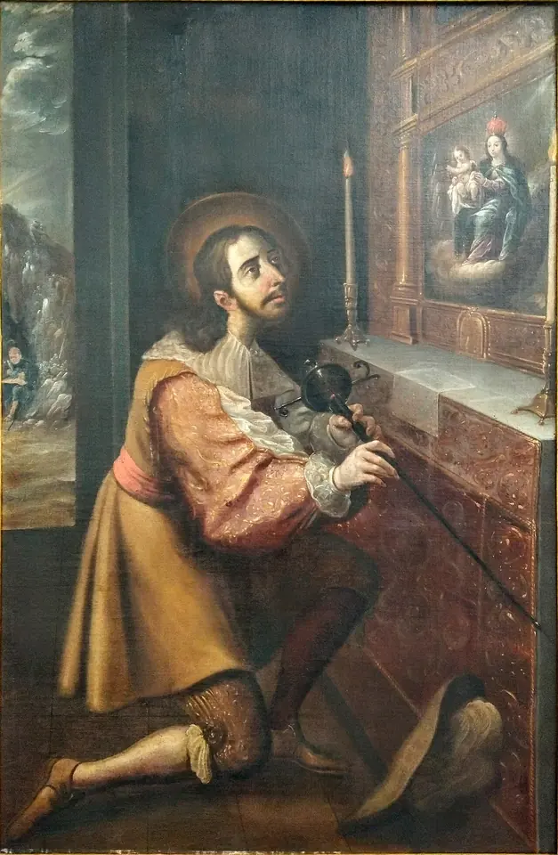 Pintura barroca novohispana de San Ignacio, vestido de caballero, arrodillado ante un altar donde deja su espada, bajo un cuadro de la Virgen coronada con el Niño sobre las nubes