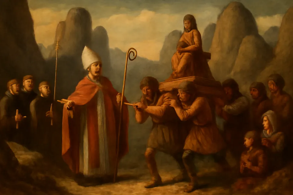 Ilustración en estilo óleo de un obispo y su procesión que intentan llevarse la imagen de la Virgen por un sendero de montaña, sin poder moverla