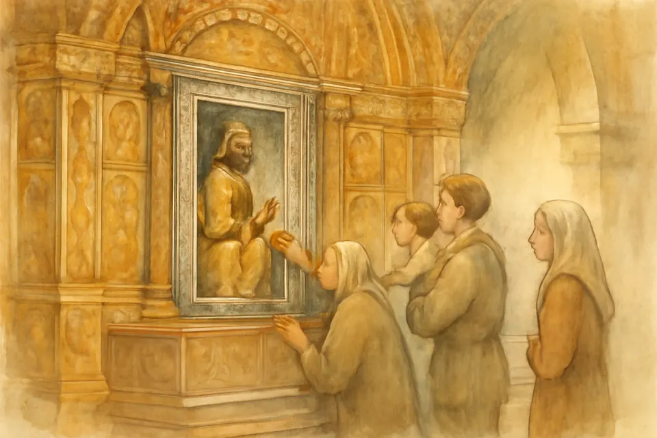 Ilustración en acuarela de peregrinos que hacen fila en el camarín para tocar la esfera que sostiene la imagen morena de la Virgen, protegida tras un cristal