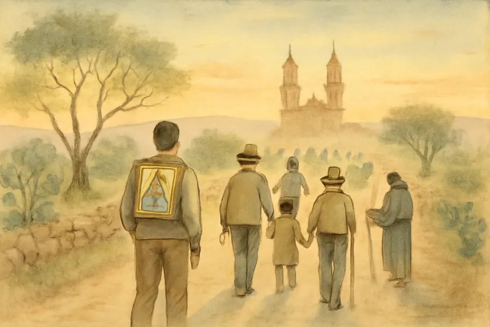 Ilustración en estilo acuarela de peregrinos que caminan al amanecer por un camino de tierra de los Altos de Jalisco, entre mezquites y nopales, hacia las torres de un santuario
