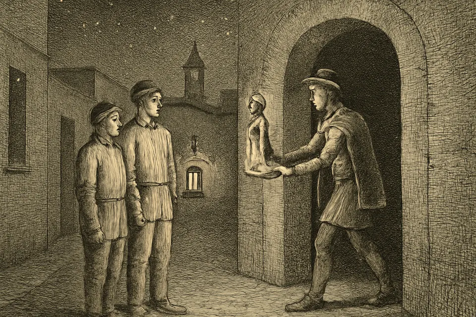 Ilustración en estilo grabado de dos jóvenes desconocidos que, de noche, reciben una pequeña imagen de la Virgen en la puerta de una posada colonial de Guadalajara