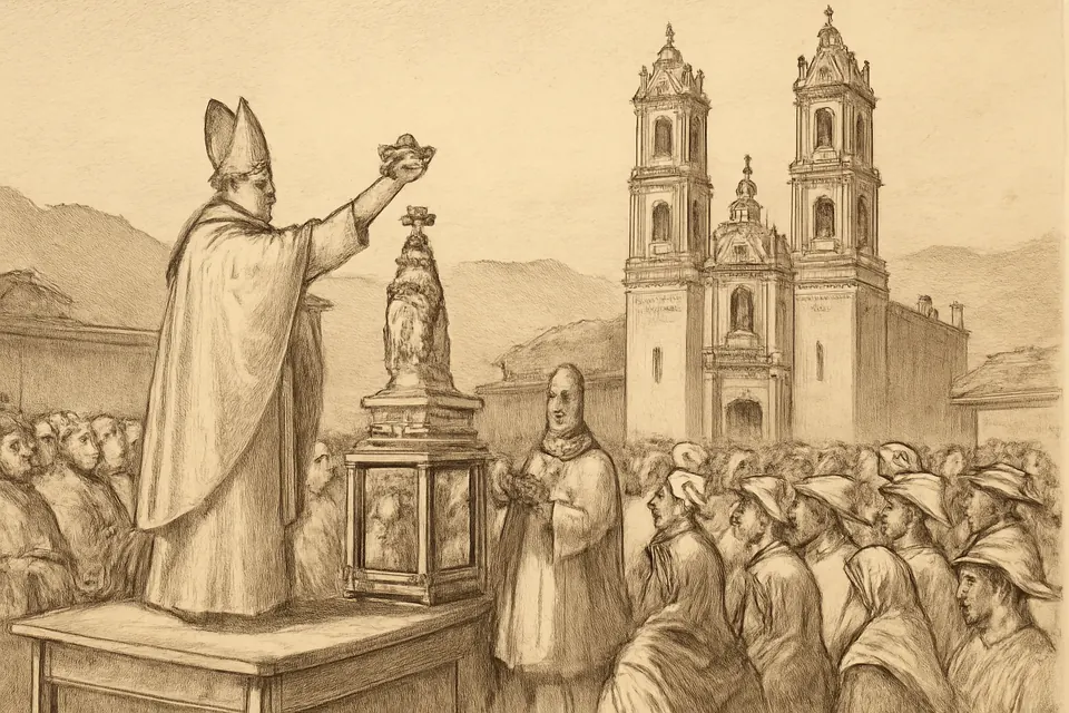 Ilustración en estilo tinta de un obispo con mitra que coloca una pequeña corona sobre la imagen de la Virgen ante una multitud en el atrio de una gran iglesia