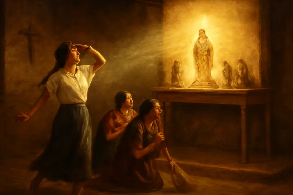 Ilustración en estilo óleo de una joven indígena que cae de espaldas, deslumbrada, ante el resplandor que sale de una pequeña imagen de la Virgen en el altar de una iglesia de adobe