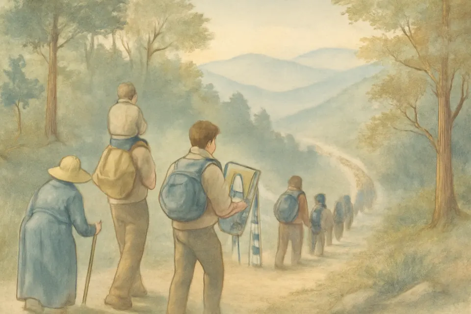 Ilustración en estilo acuarela de peregrinos que suben a pie por un camino de tierra entre pinos y montañas de la sierra de Jalisco, algunos con bastón y mochila