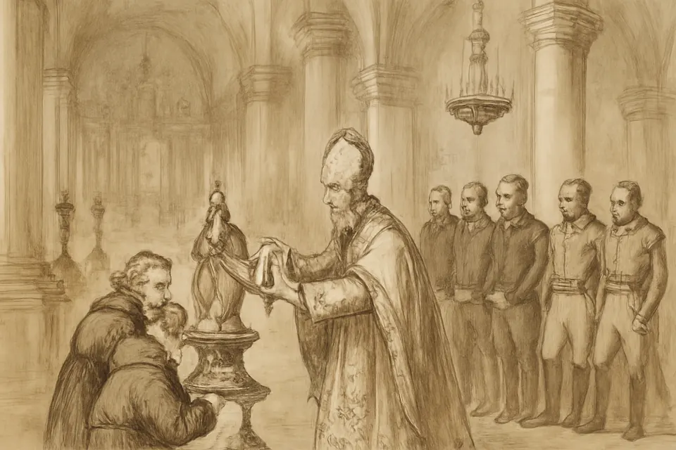 Ilustración en estilo de dibujo a tinta de una ceremonia en una catedral en la que un obispo coloca una banda azul a una pequeña imagen de la Virgen ante autoridades y militares de 1821