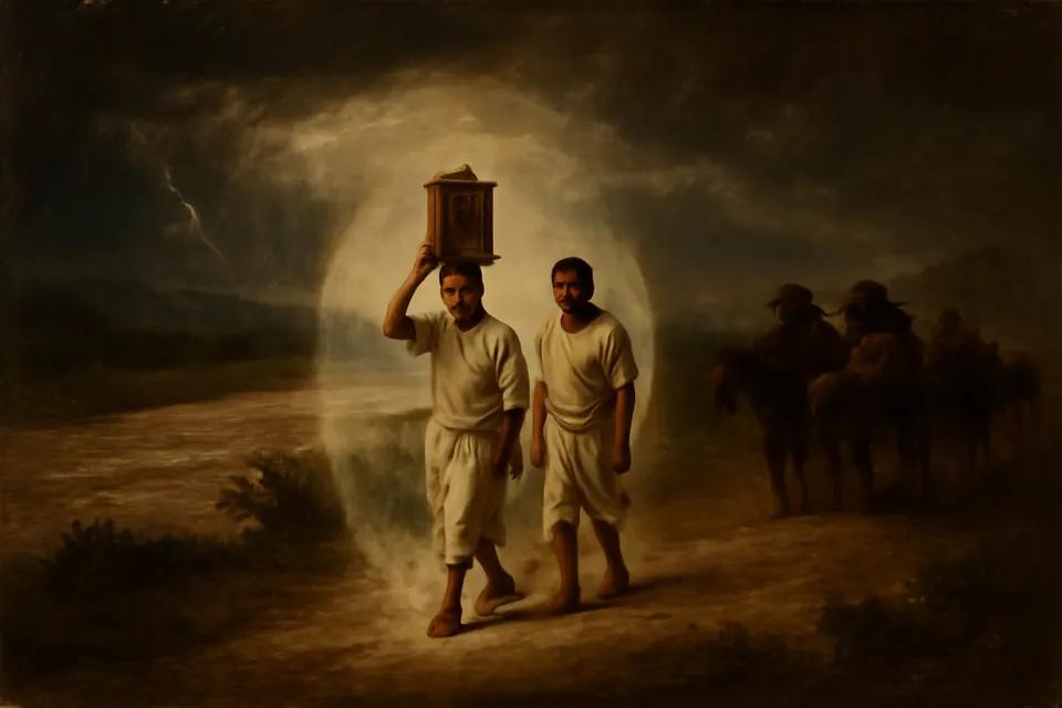 Ilustración en estilo óleo de dos indígenas que caminan secos bajo una tormenta llevando una pequeña imagen de la Virgen, mientras la lluvia cae a su alrededor sin tocarlos