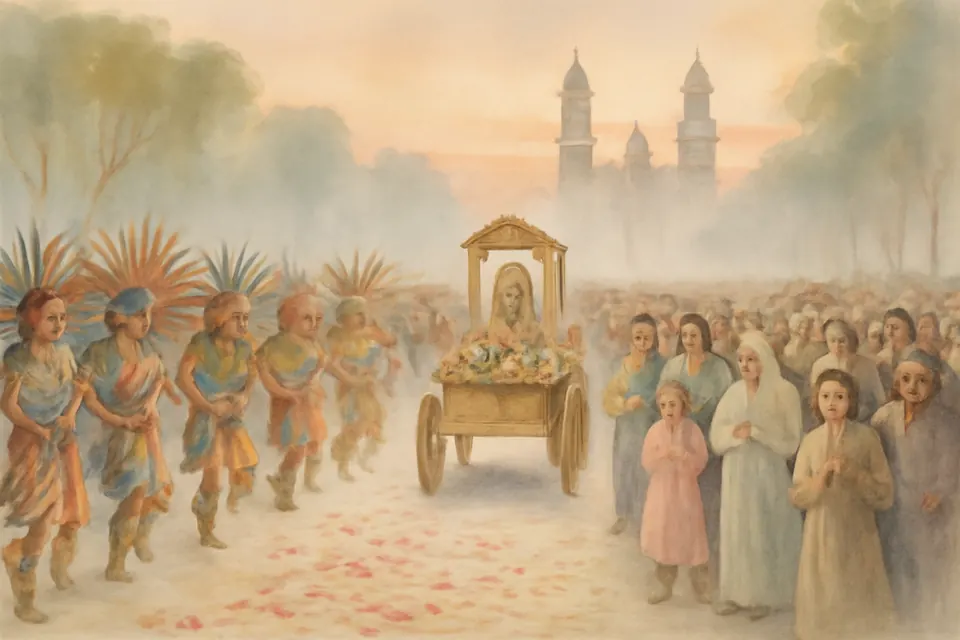 Ilustración en acuarela de una multitud de peregrinos y danzantes con penachos de plumas que acompañan al amanecer un pequeño carro con la imagen de la Virgen por una gran avenida