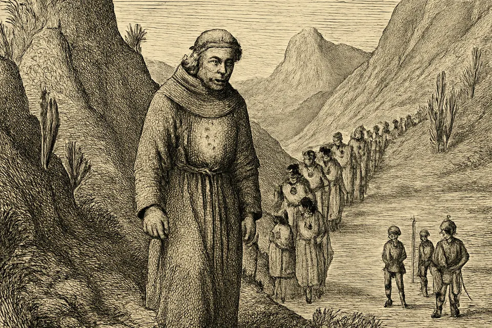 Ilustración en estilo grabado de un fraile franciscano descalzo que baja de una sierra rocosa con una pequeña imagen de la Virgen colgada al pecho, seguido por cientos de indígenas en paz