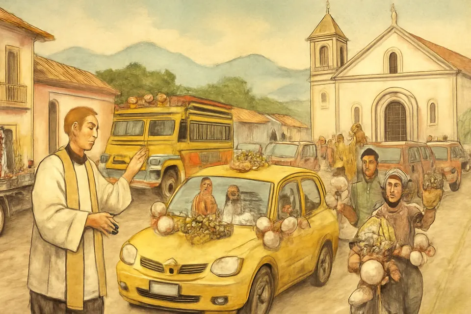 Ilustración en acuarela de una caravana de camiones, buses y taxis adornados con flores y globos que pasa ante una parroquia colombiana el 16 de julio, mientras un sacerdote los bendice con agua bendita