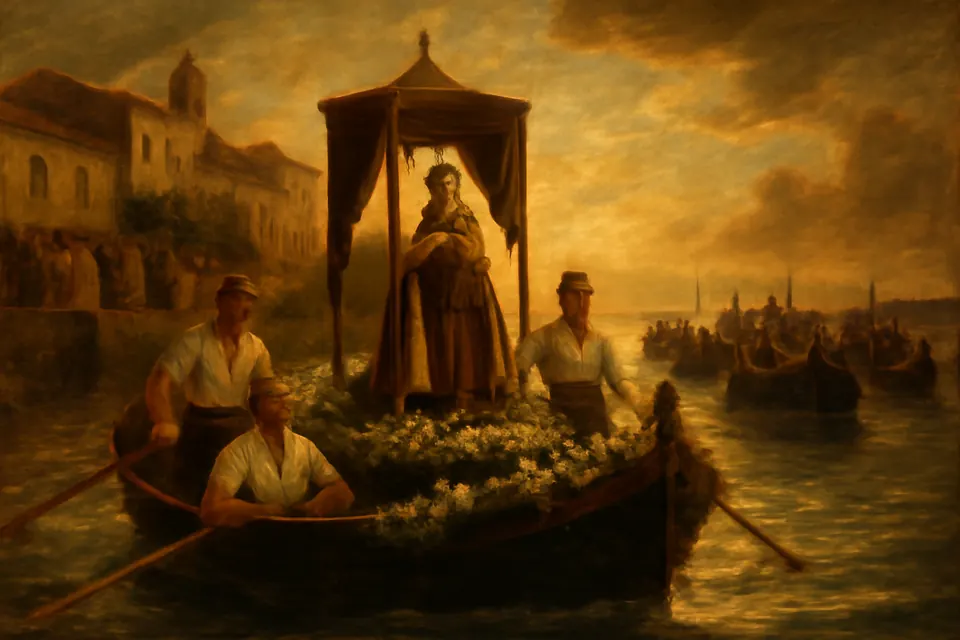 Ilustración en estilo óleo de una procesión marinera en un puerto pesquero, con la imagen de la Virgen del Carmen sobre una barca adornada de flores y otras barcas que la acompañan