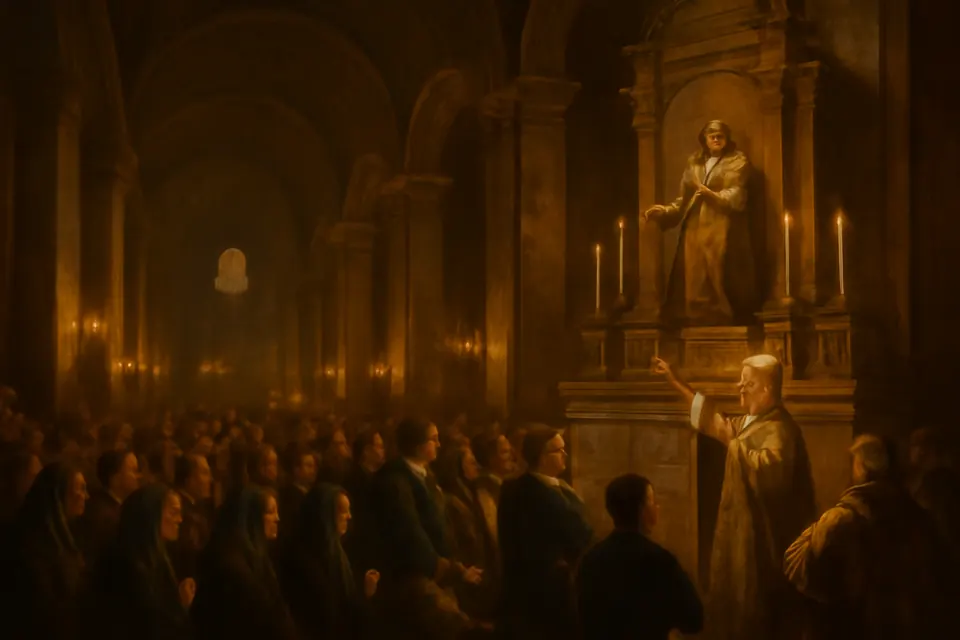 Ilustración en estilo óleo de autoridades, sacerdotes y vecinos de Santiago arrodillados ante la Virgen del Carmen en la catedral en 1818, prometiendo levantarle un templo